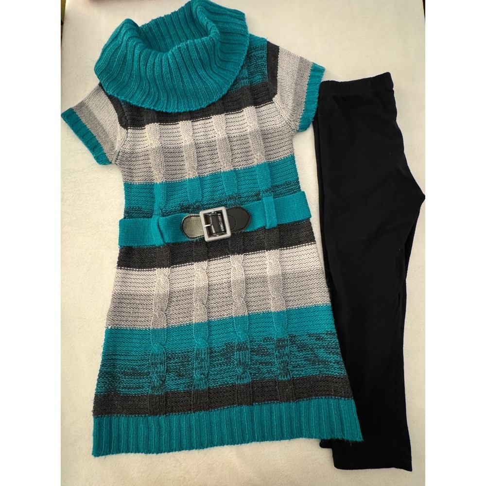 Y2K Star Ride Girls Teal Grey Striped Cable Knit Sweater Dress & Leggings Sz 5/6 - Picture 2 of 5